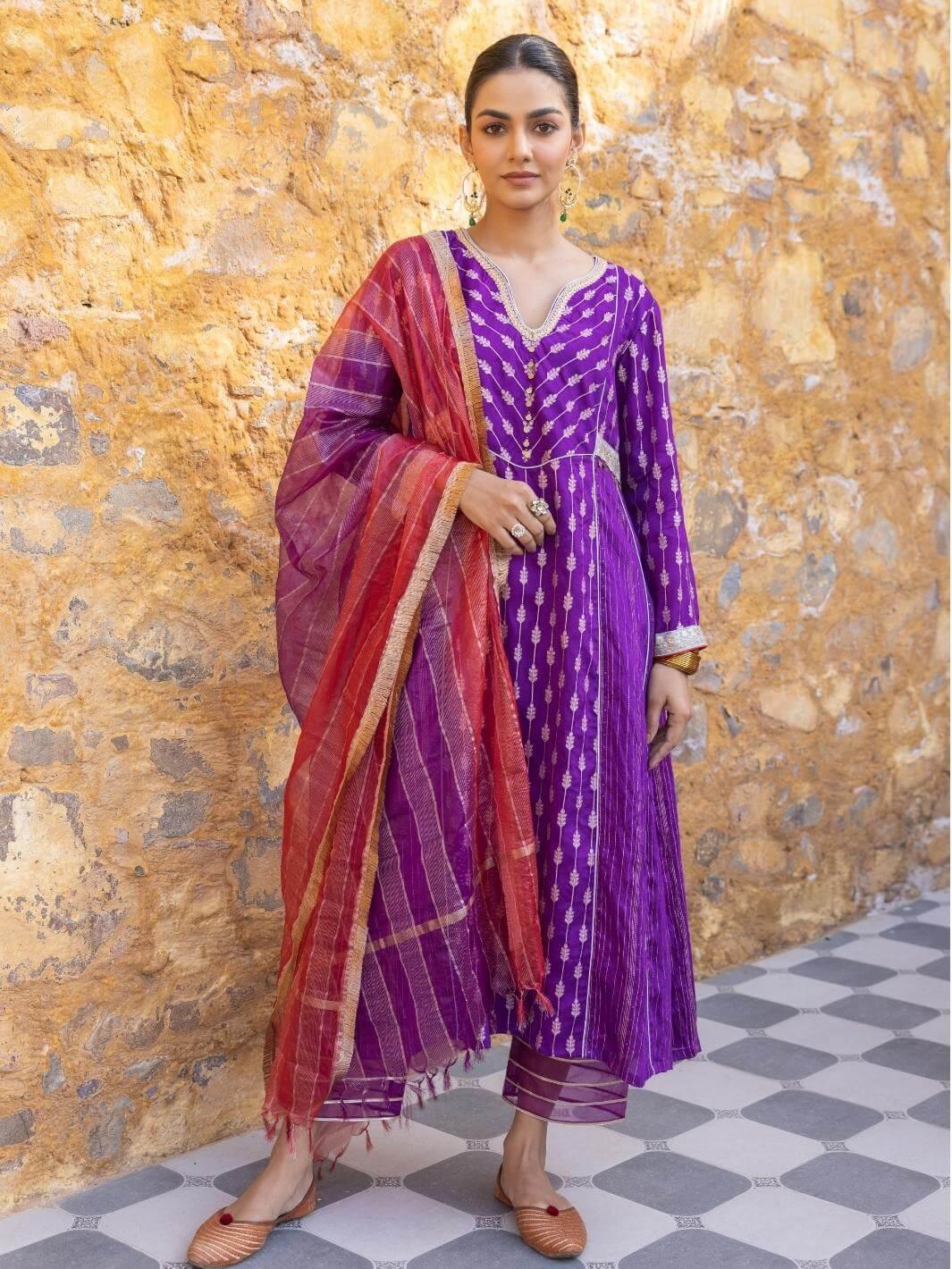 Purple Embroidered Zari A-Line Kurta Set with Organza Dupatta - Myaara