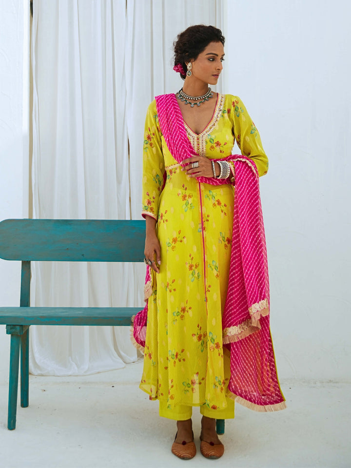 Lemon Green Tissue Chanderi Printed Kurta Set with Leheriya Dupatta