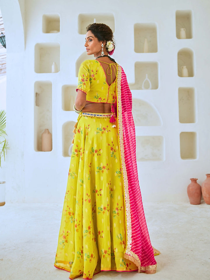 Lemon Green Tissue Chanderi Floral Lehenga Set with Leheriya Dupatta