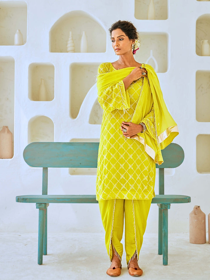 Lemon Green Mukaish Georgette Kurta Set with Organza Dupatta