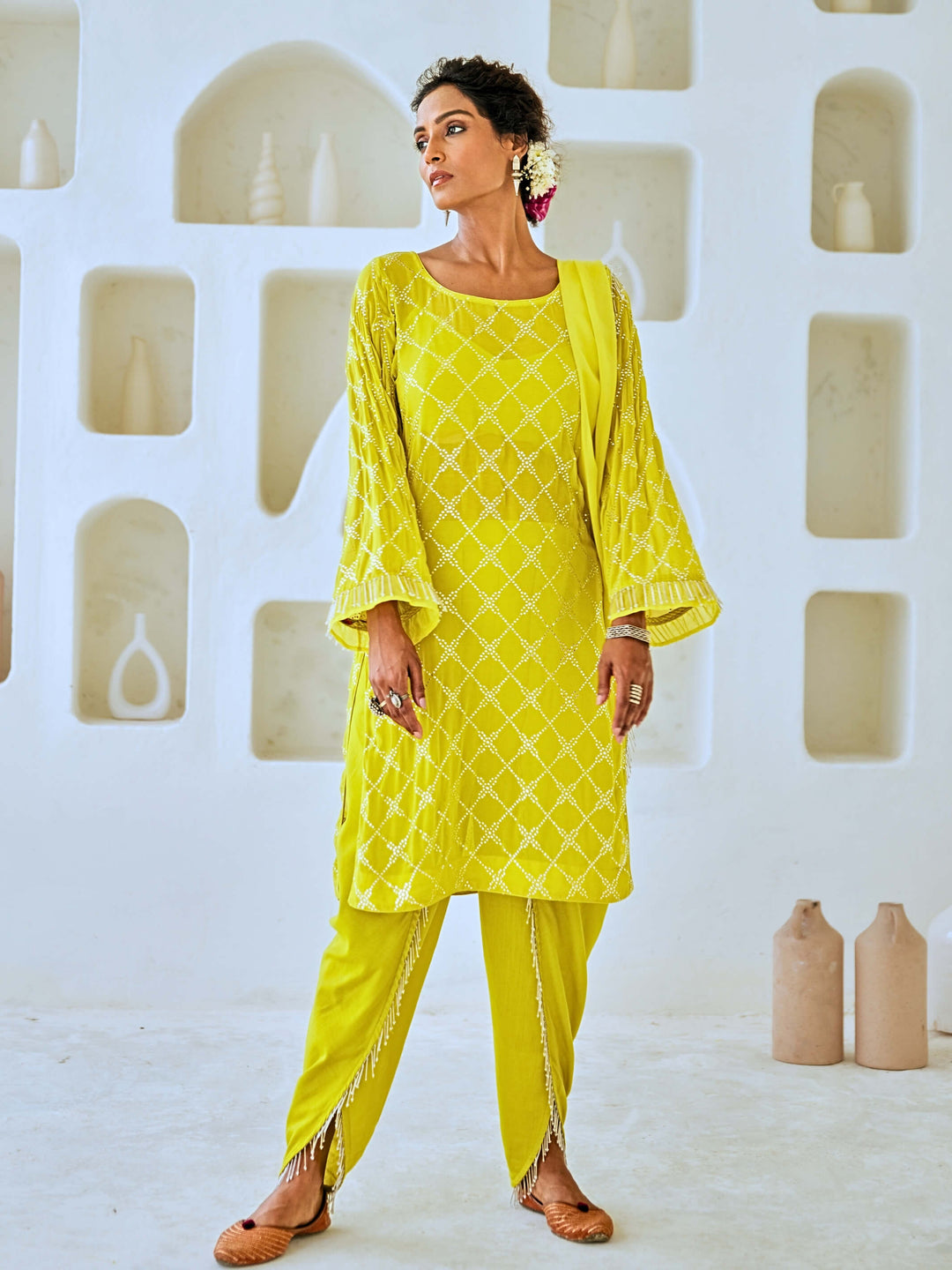 Lemon Green Mukaish Georgette Kurta Set with Organza Dupatta