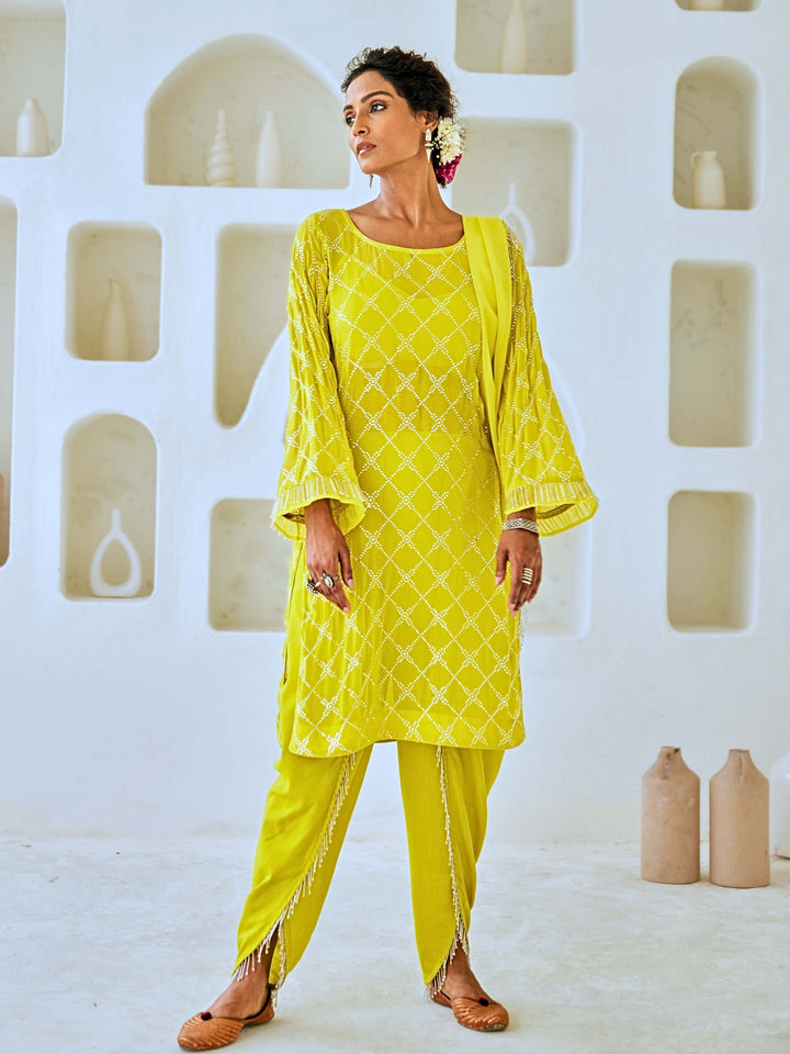 Lemon Green Mukaish Georgette Kurta Set with Organza Dupatta