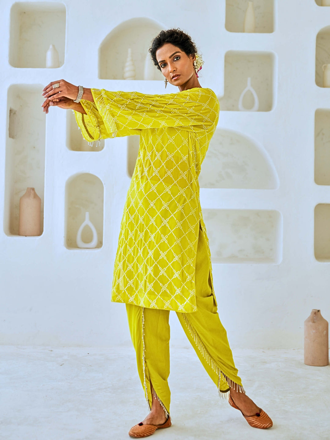 Lemon Green Mukaish Georgette Kurta Set with Organza Dupatta