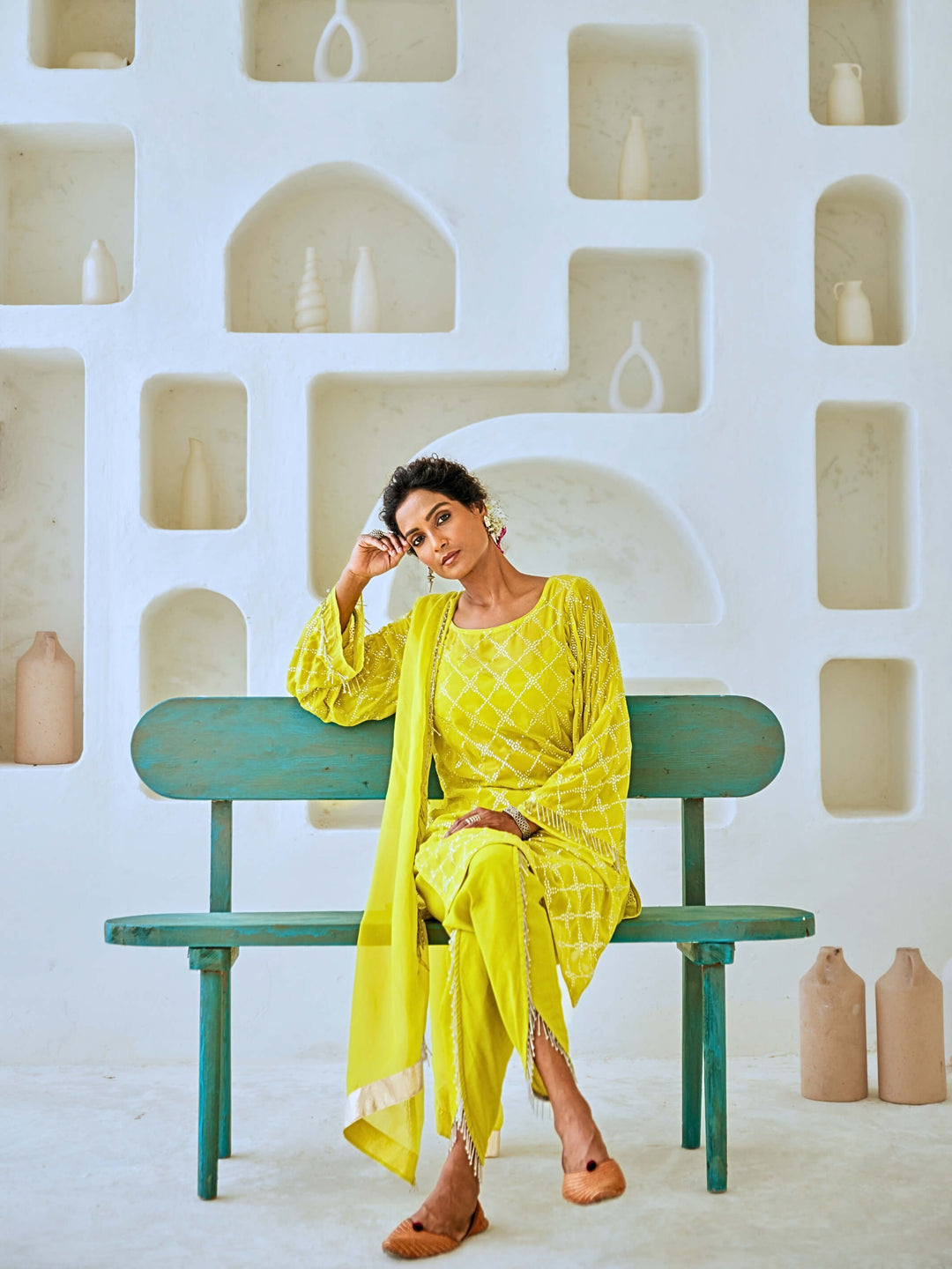 Lemon Green Mukaish Georgette Kurta Set with Organza Dupatta