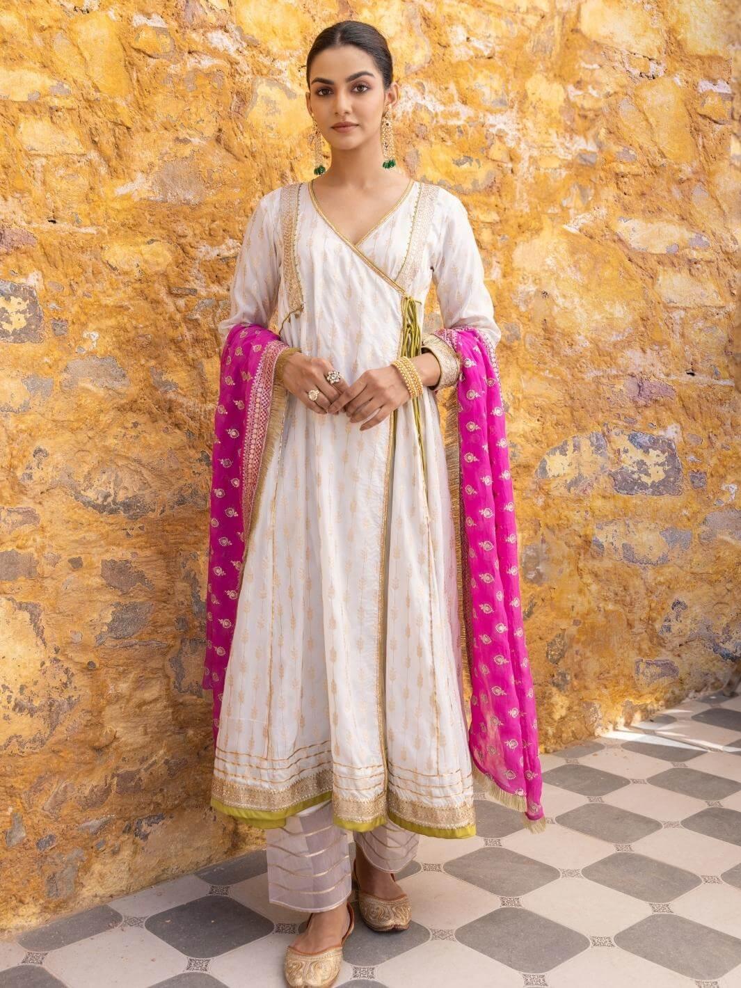 White Zari Ethnic Angrakha Set with Embroidered Dupatta - Myaara