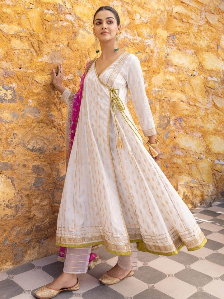 White Zari Ethnic Angrakha Set with Embroidered Dupatta - Myaara