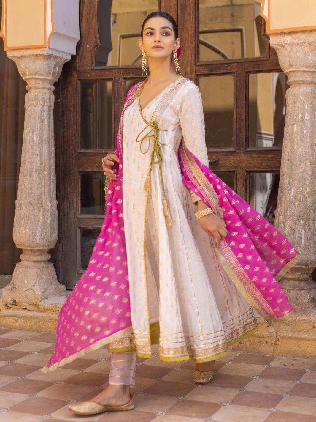 White Zari Ethnic Angrakha Set with Embroidered Dupatta - Myaara