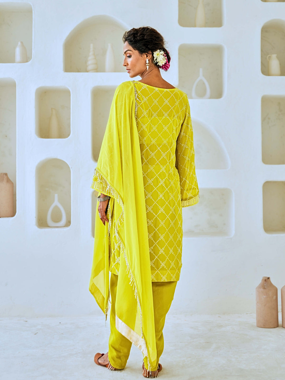 Lemon Green Mukaish Georgette Kurta Set with Organza Dupatta