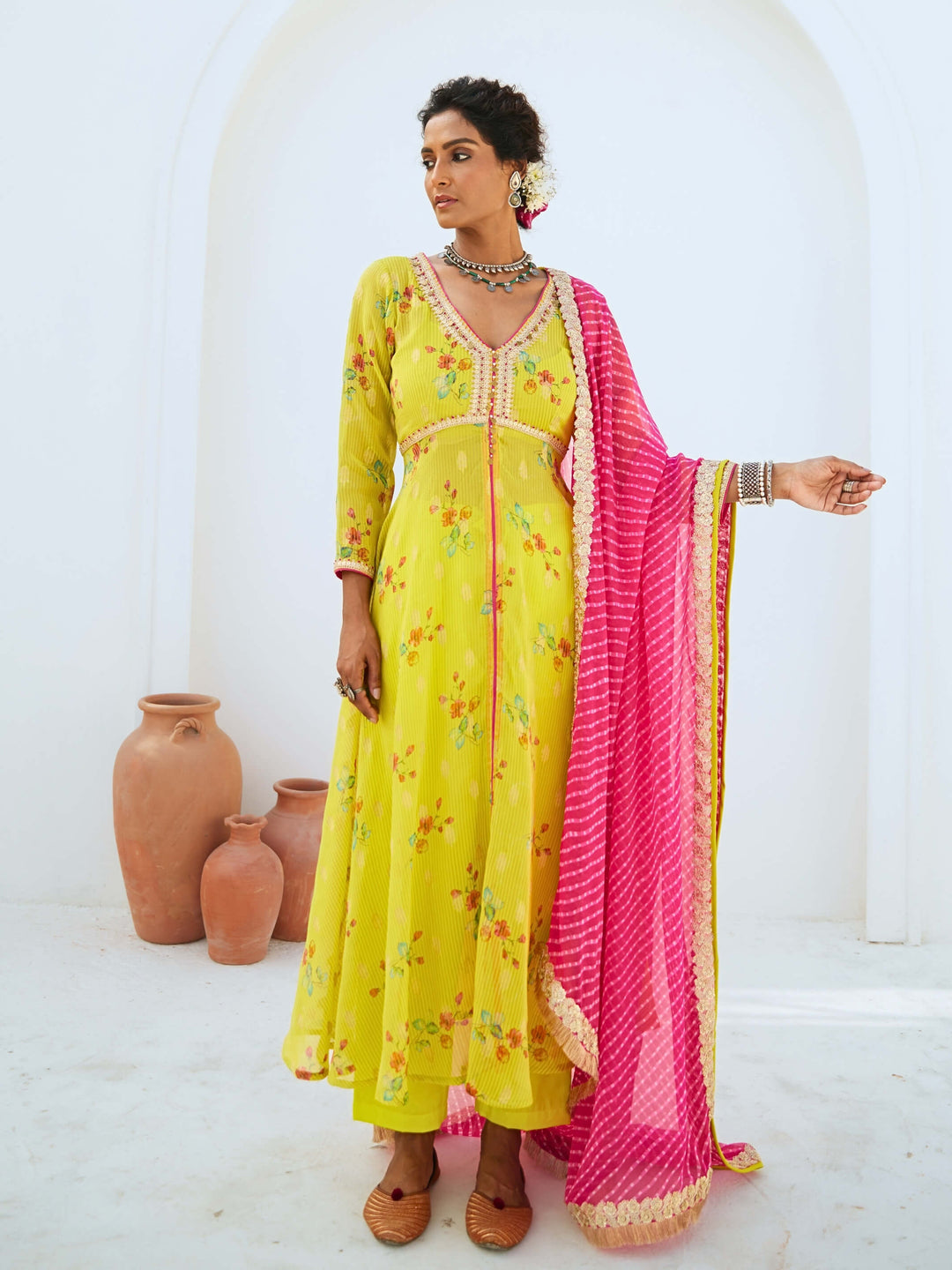 Lemon Green Tissue Chanderi Printed Kurta Set with Leheriya Dupatta