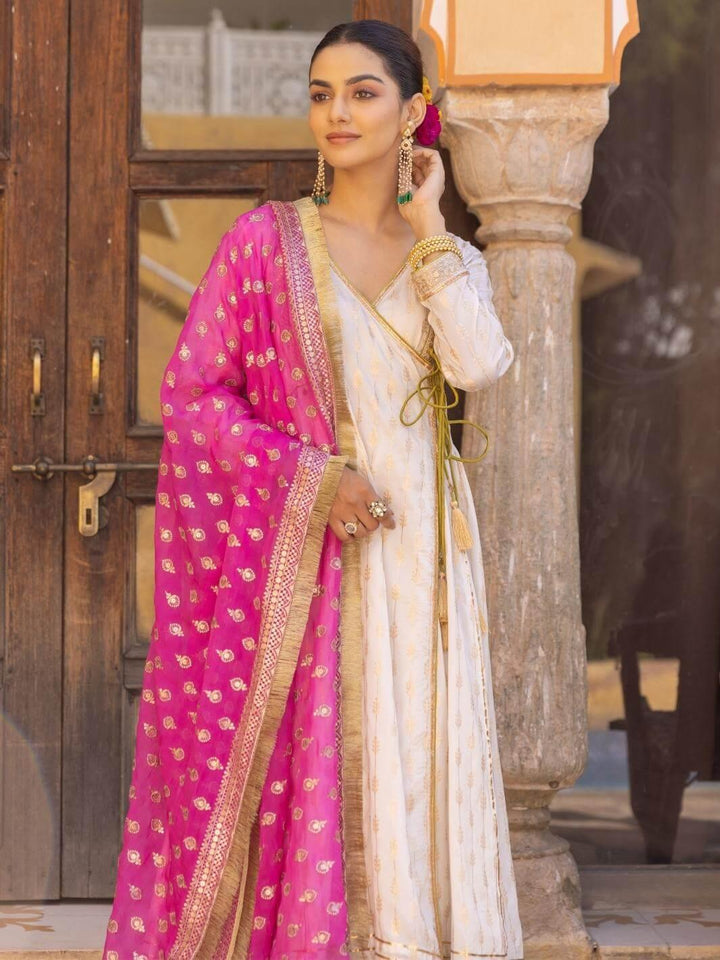 White Zari Ethnic Angrakha Set with Embroidered Dupatta - Myaara