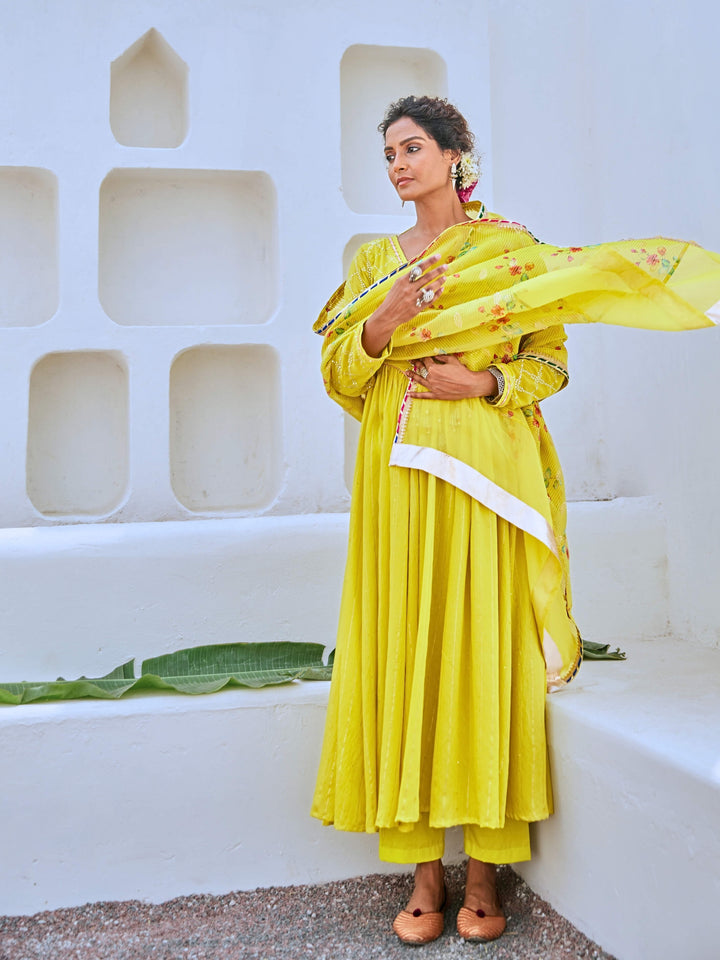 Lemon Green Mukaish Georgette Kurta Set with Organza Dupatta