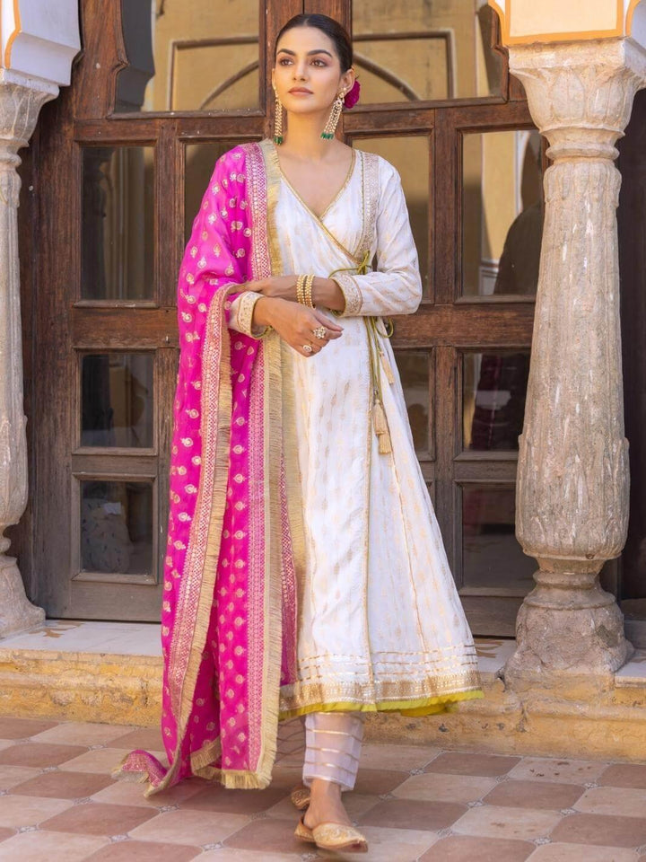 White Zari Ethnic Angrakha Set with Embroidered Dupatta - Myaara