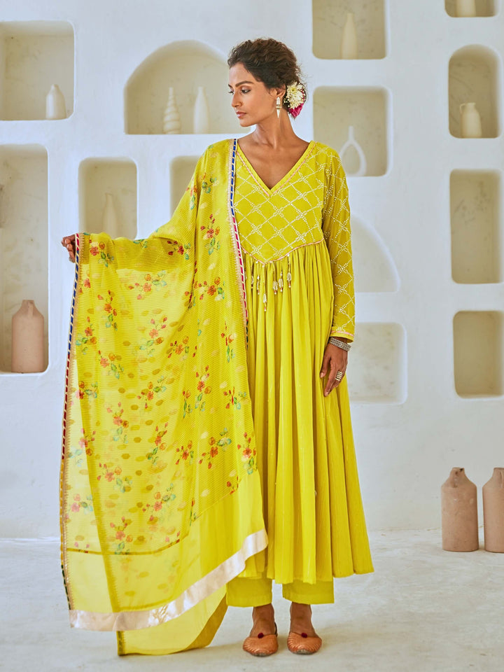 Lemon Green Flared Anarkali Set with Tissue Chanderi Dupatta