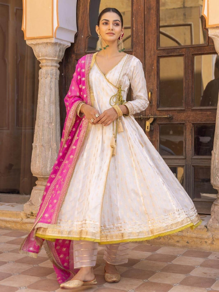 White Zari Ethnic Angrakha Set with Embroidered Dupatta - Myaara