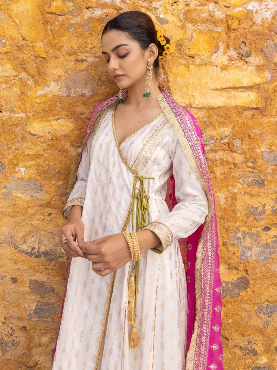 White Zari Ethnic Angrakha Set with Embroidered Dupatta - Myaara