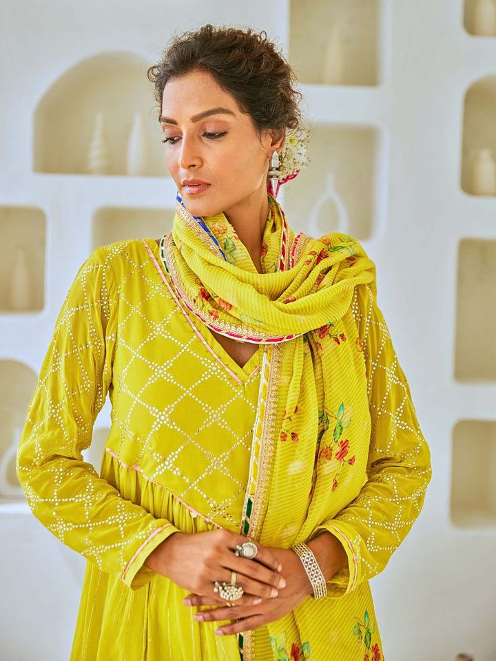 Lemon Green Flared Anarkali Set with Tissue Chanderi Dupatta