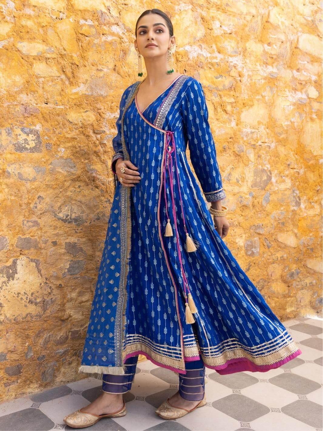 Royal Blue Zari Ethnic Angrakha Set with Embroidered Dupatta - Myaara