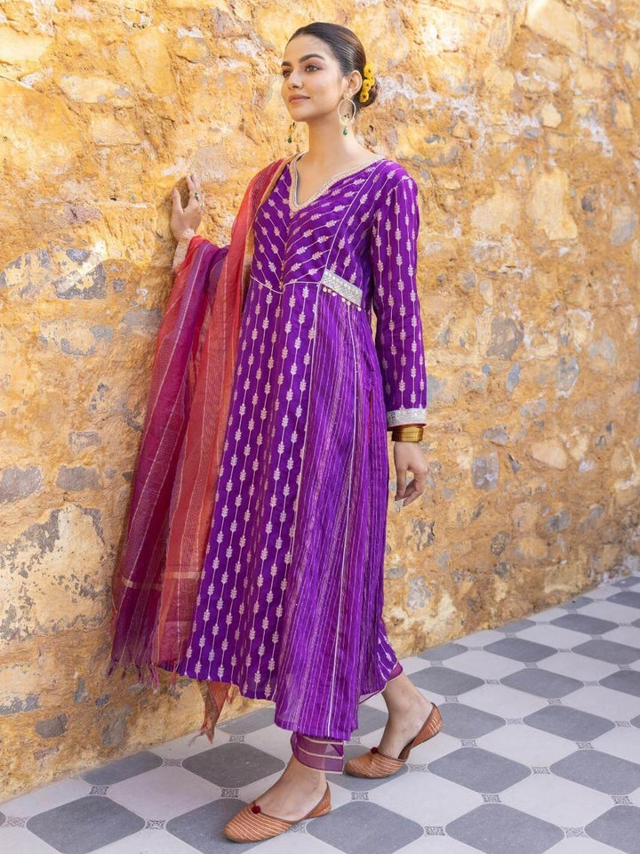 Purple Embroidered Zari A-Line Kurta Set with Organza Dupatta - Myaara