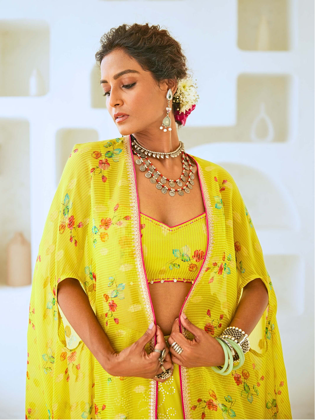 Lemon Green Fusion Set with Georgette Draped Skirt & Floral Cape