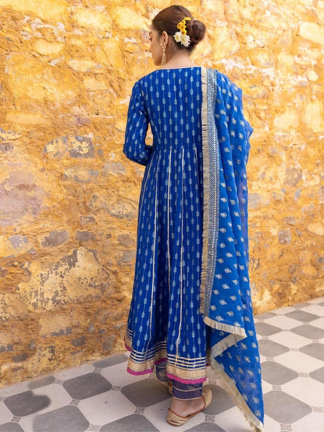 Royal Blue Zari Ethnic Angrakha Set with Embroidered Dupatta - Myaara