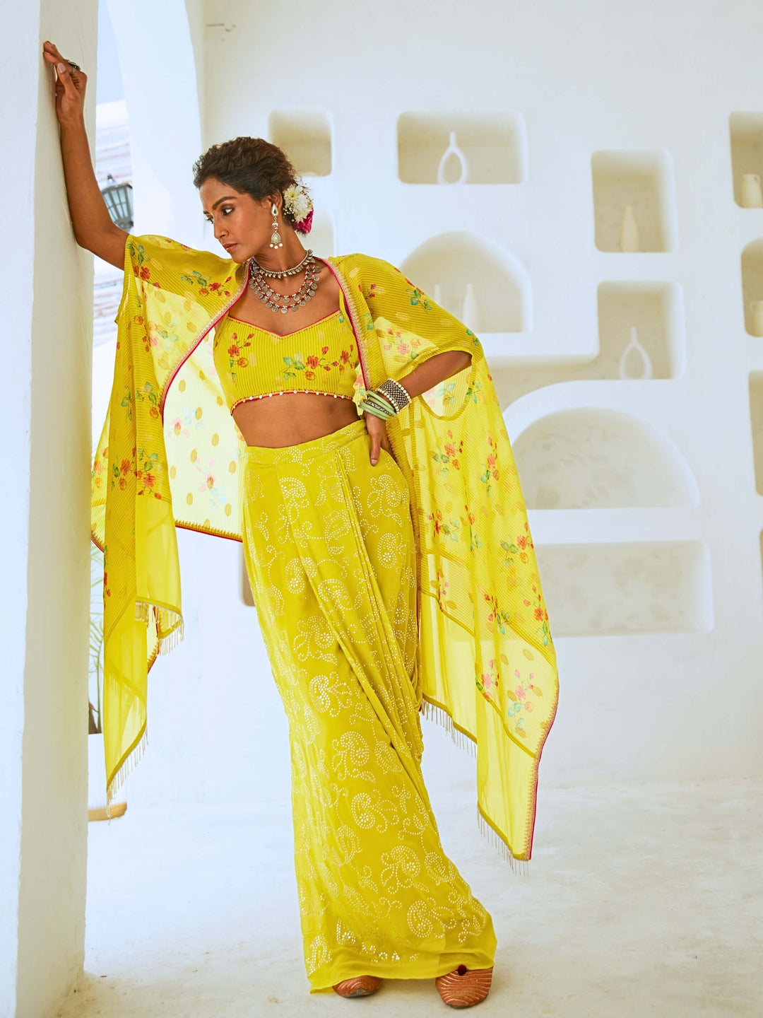 Lemon Green Fusion Set with Georgette Draped Skirt & Floral Cape