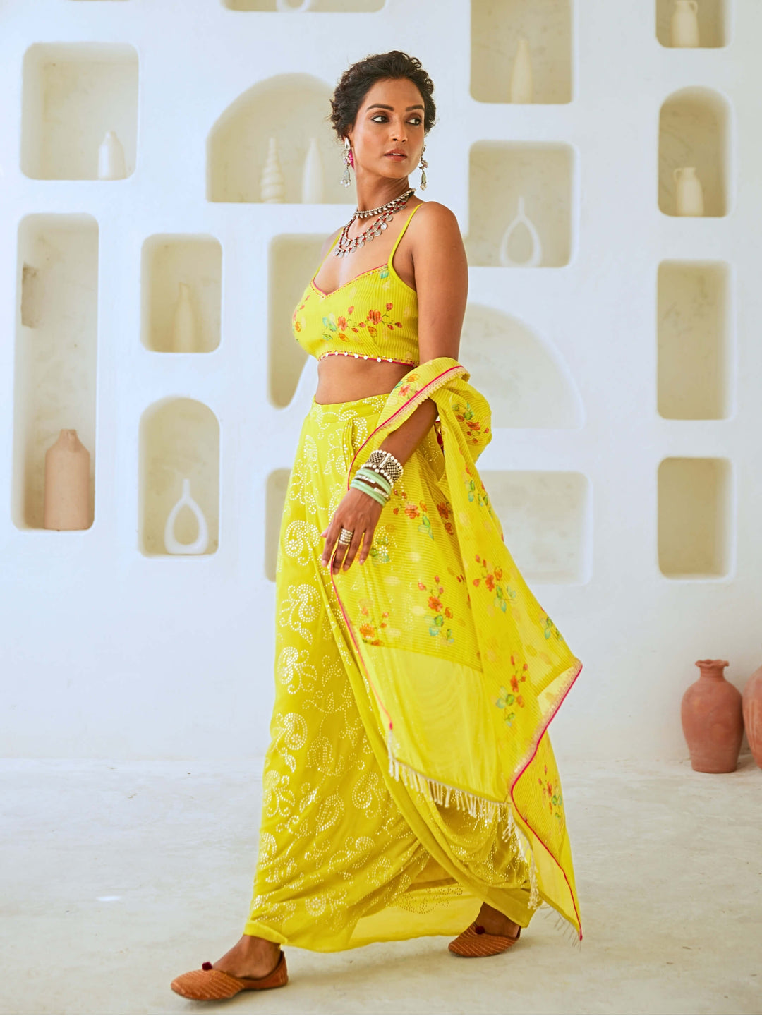 Lemon Green Fusion Set with Georgette Draped Skirt & Floral Cape