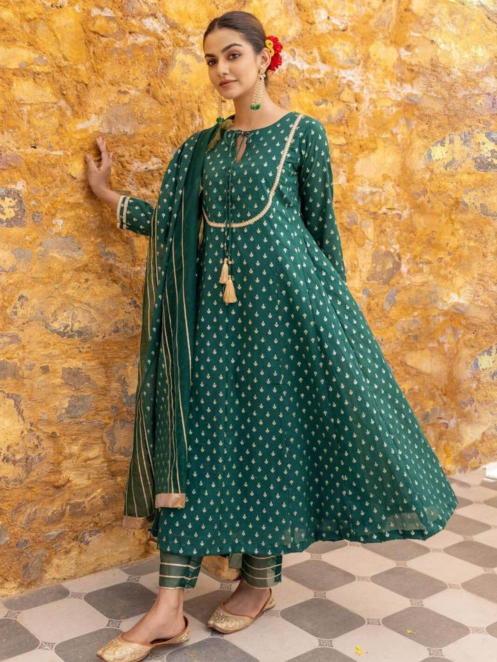 Emerald Green Chanderi Anarkali Set with Organza Dupatta - Myaara