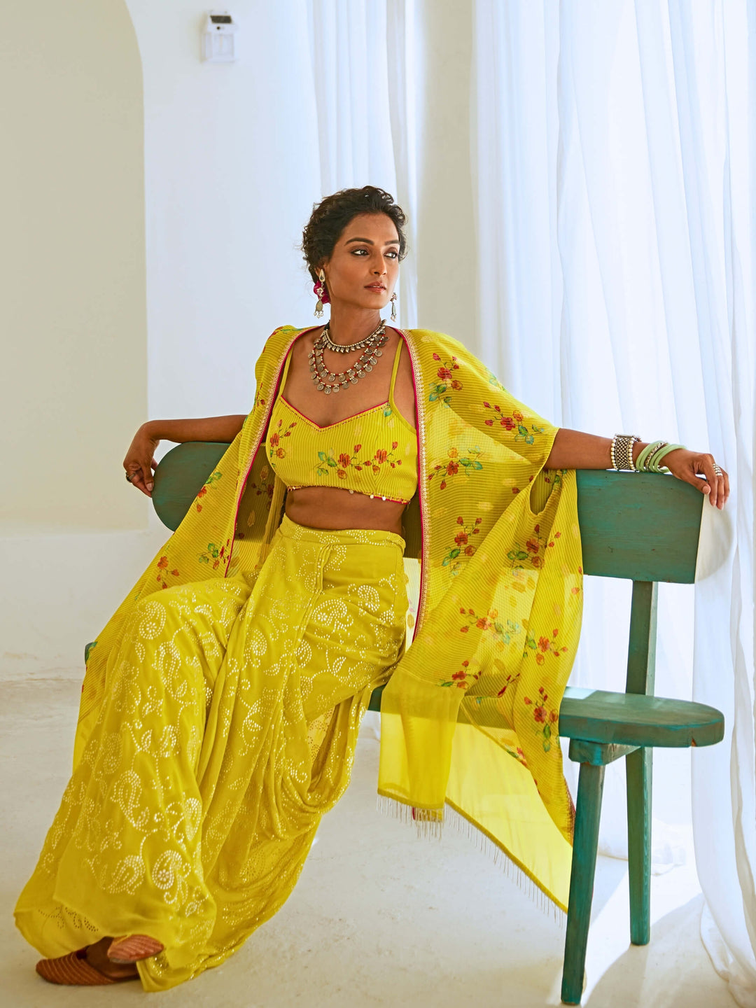 Lemon Green Fusion Set with Georgette Draped Skirt & Floral Cape