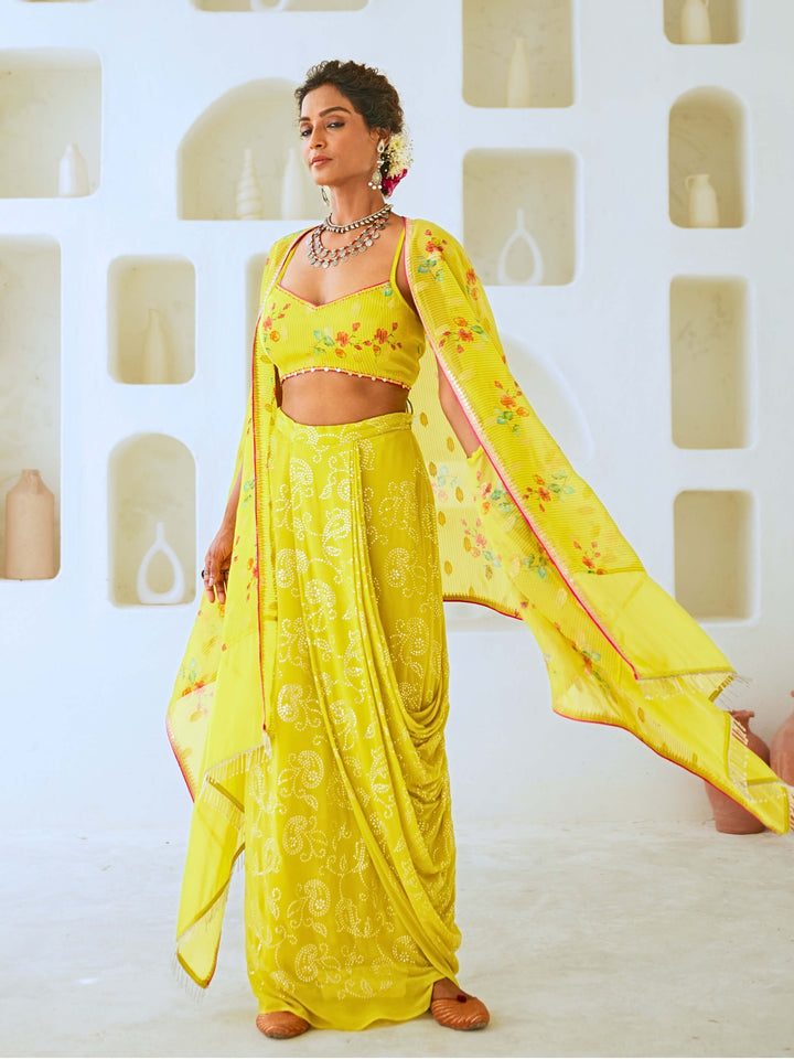 Lemon Green Fusion Set with Georgette Draped Skirt & Floral Cape