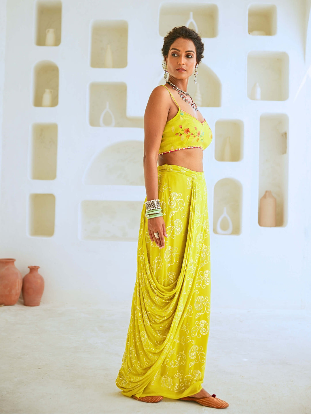 Lemon Green Fusion Set with Georgette Draped Skirt & Floral Cape