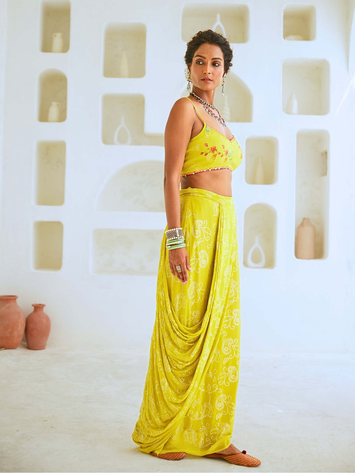 Lemon Green Fusion Set with Georgette Draped Skirt & Floral Cape