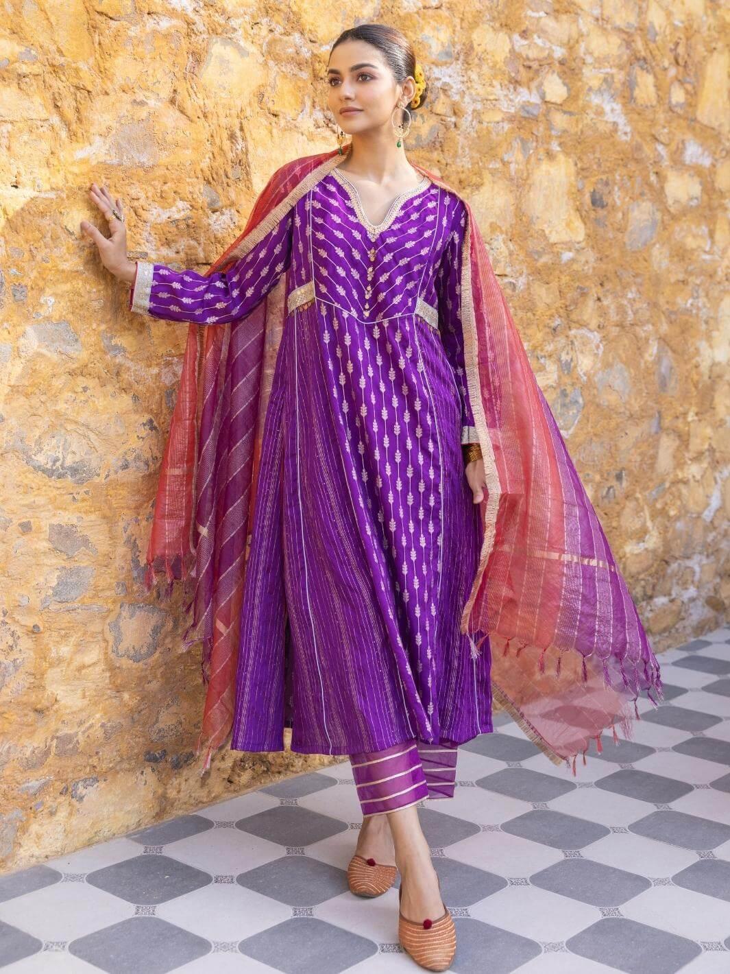 Purple Embroidered Zari A-Line Kurta Set with Organza Dupatta - Myaara