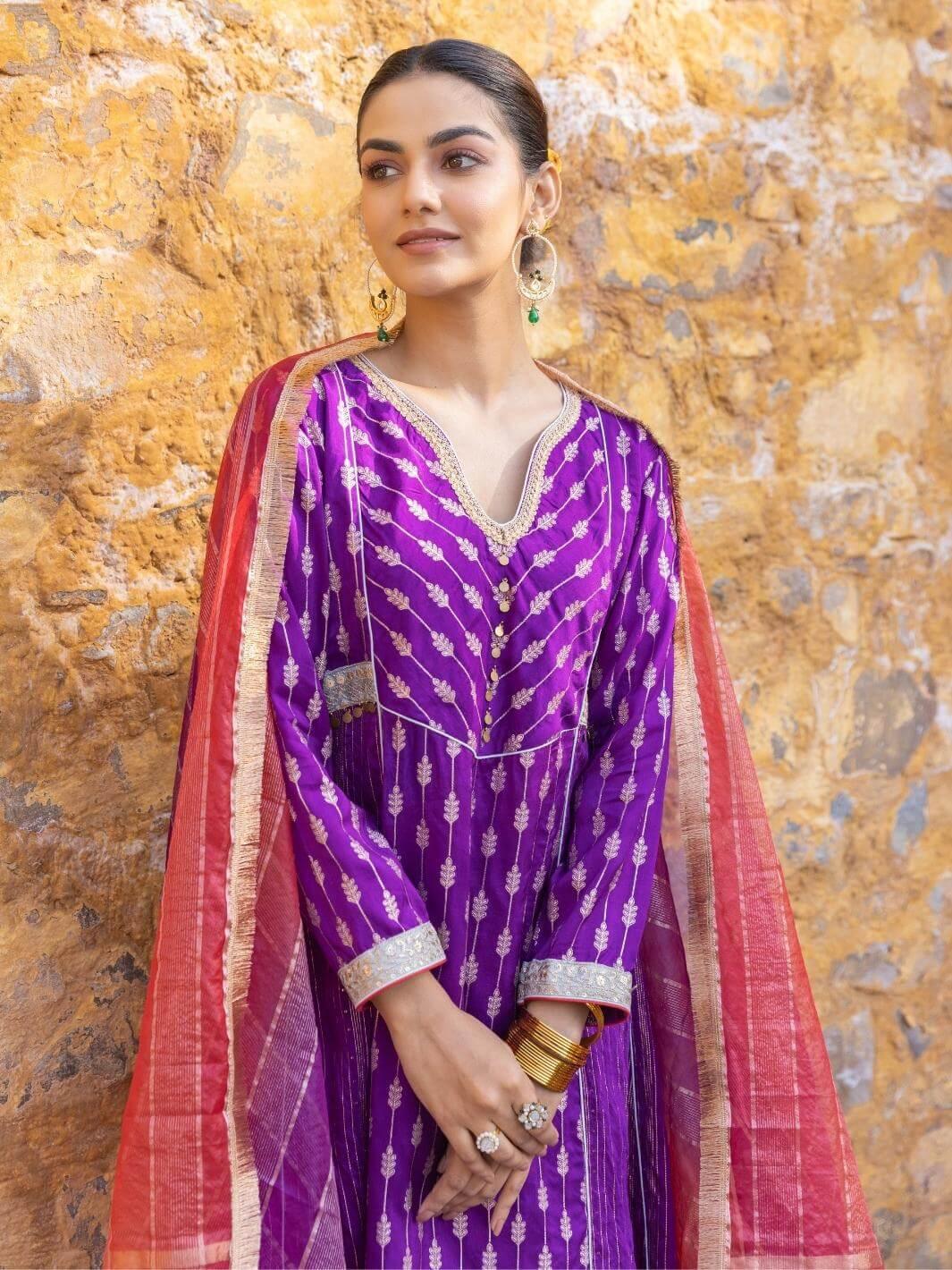 Purple Embroidered Zari A-Line Kurta Set with Organza Dupatta - Myaara