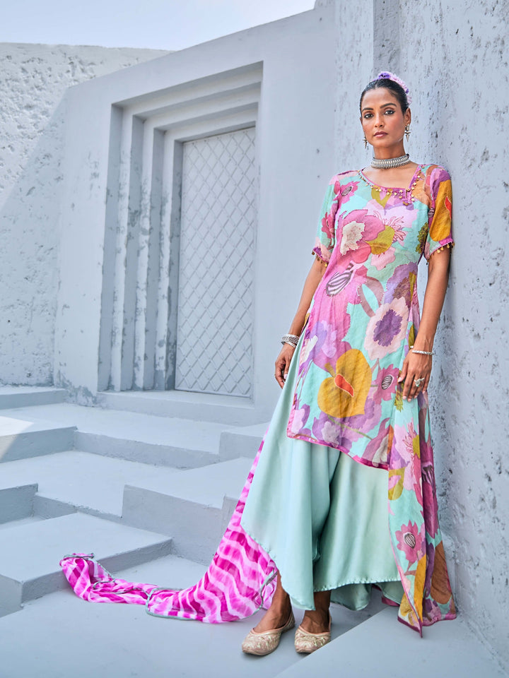 Aqua Blue Tissue Floral Printed Fusion Set with Leheriya Dupatta