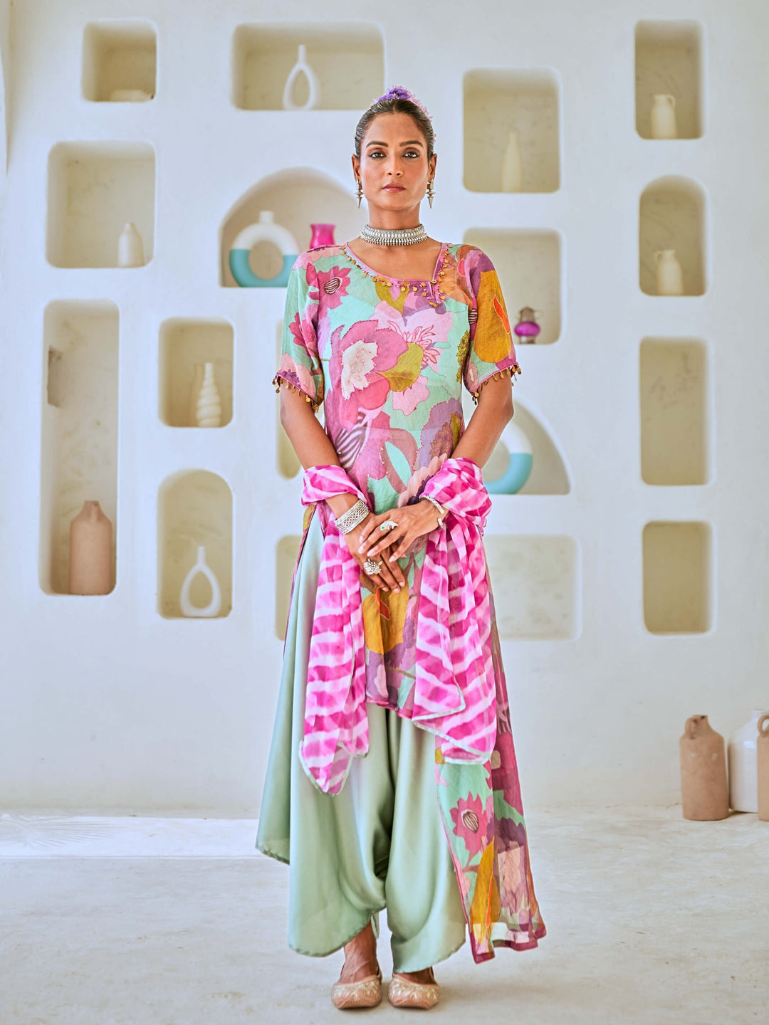 Aqua Blue Tissue Floral Printed Fusion Set with Leheriya Dupatta