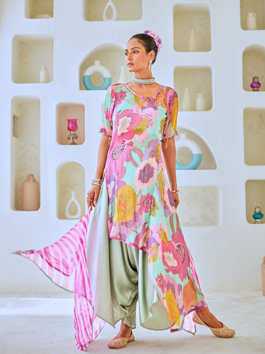 Aqua Blue Tissue Floral Printed Fusion Set with Leheriya Dupatta