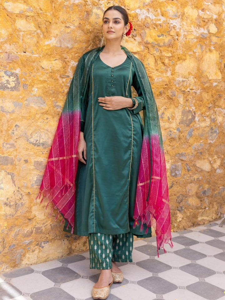 Forest Green Satin A-Line Kurta Set with Ombre Dupatta - Myaara