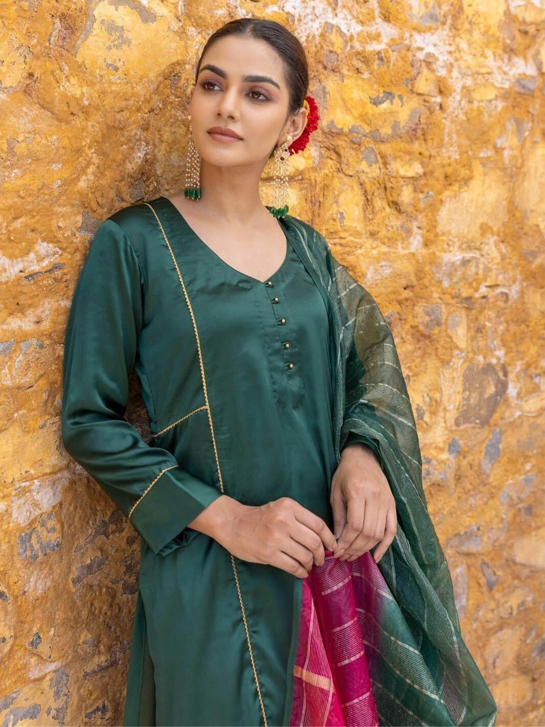 Forest Green Satin A-Line Kurta Set with Ombre Dupatta - Myaara