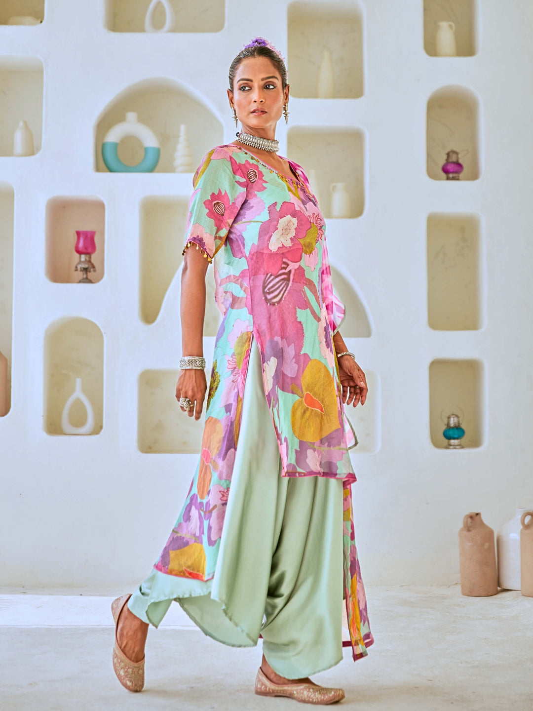 Aqua Blue Tissue Floral Printed Fusion Set with Leheriya Dupatta