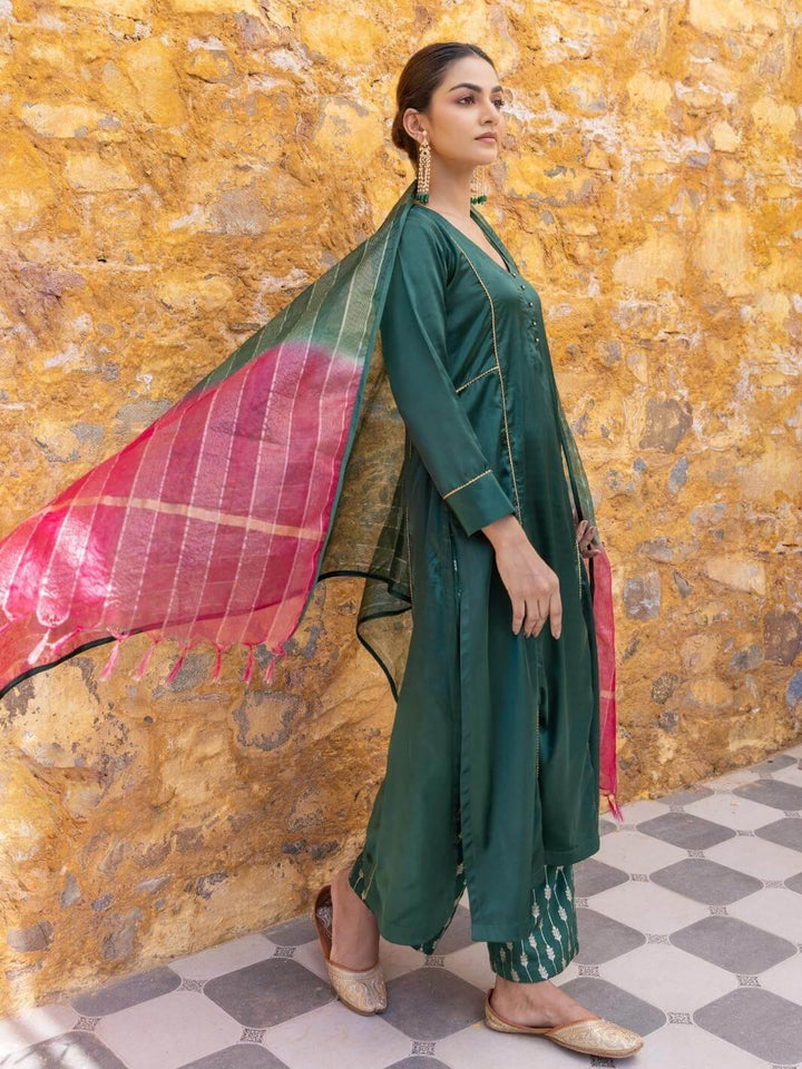 Forest Green Satin A-Line Kurta Set with Ombre Dupatta - Myaara