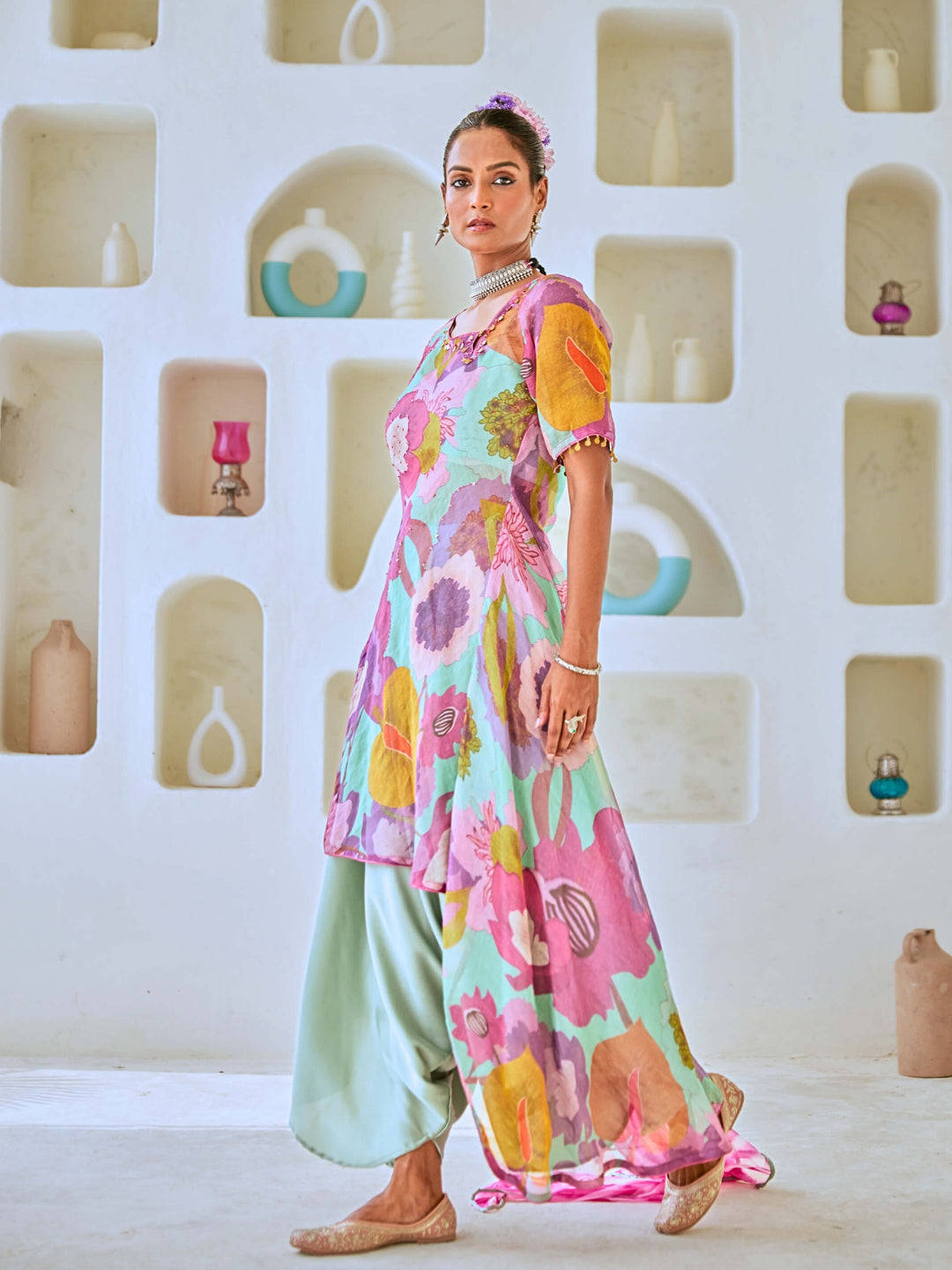 Aqua Blue Tissue Floral Printed Fusion Set with Leheriya Dupatta