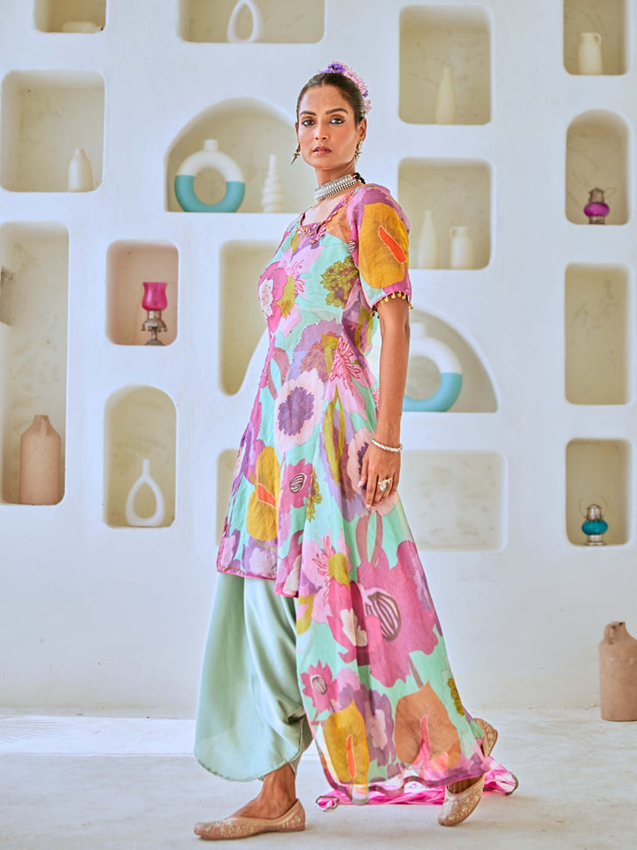 Aqua Blue Tissue Floral Printed Fusion Set with Leheriya Dupatta