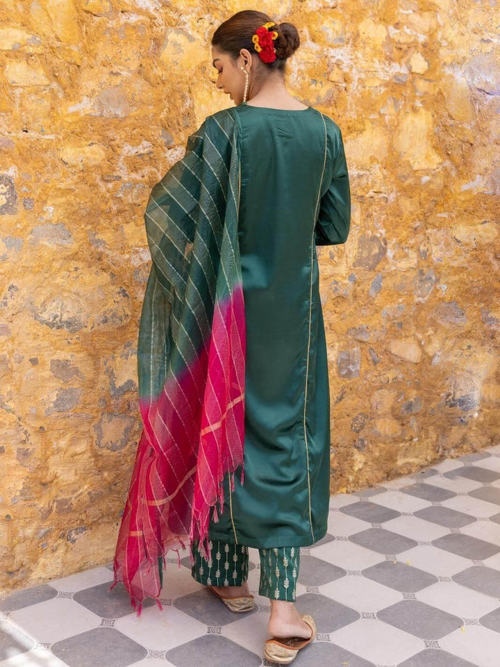 Forest Green Satin A-Line Kurta Set with Ombre Dupatta - Myaara