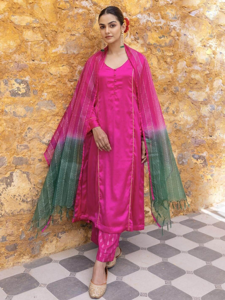 Fuchsia Satin A-Line Kurta Set with Ombre Dupatta - Myaara