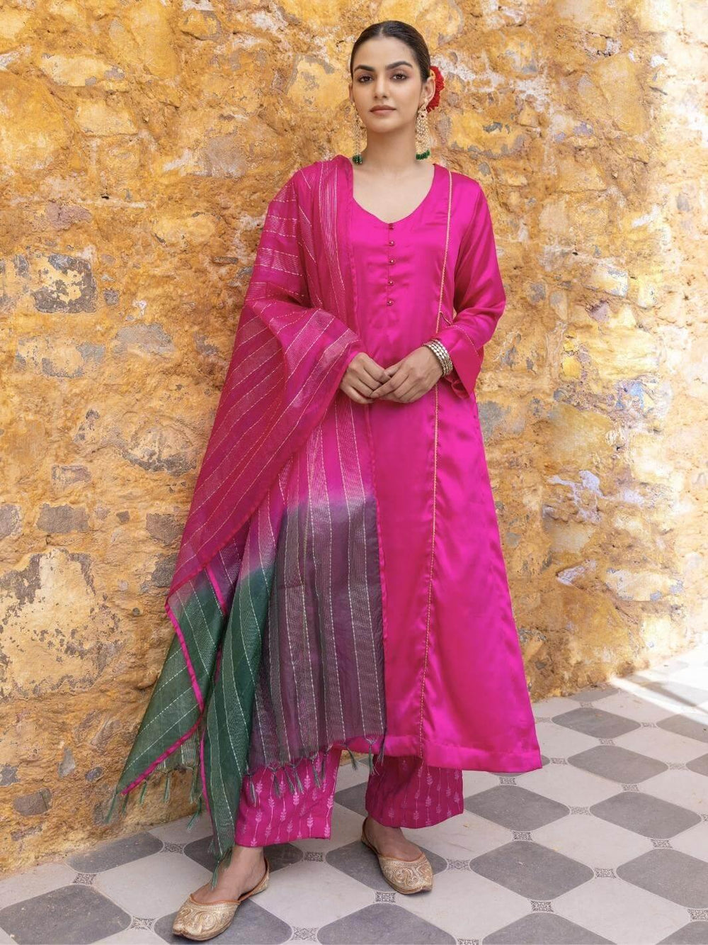 Fuchsia Satin A-Line Kurta Set with Ombre Dupatta - Myaara