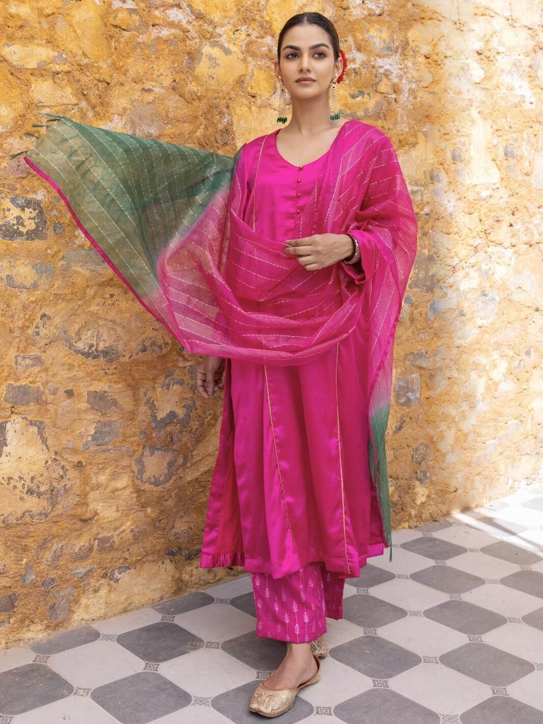 Fuchsia Satin A-Line Kurta Set with Ombre Dupatta - Myaara