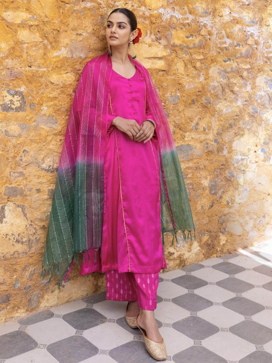 Fuchsia Satin A-Line Kurta Set with Ombre Dupatta - Myaara