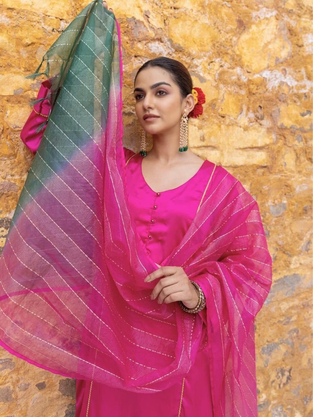 Fuchsia Satin A-Line Kurta Set with Ombre Dupatta - Myaara