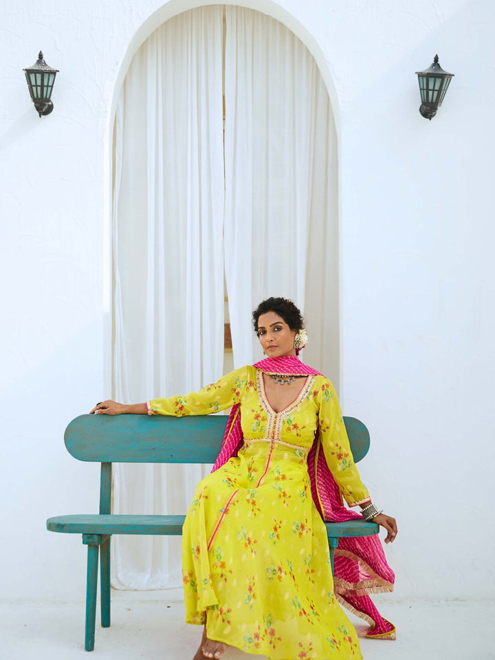 Lemon Green Tissue Chanderi Printed Kurta Set with Leheriya Dupatta