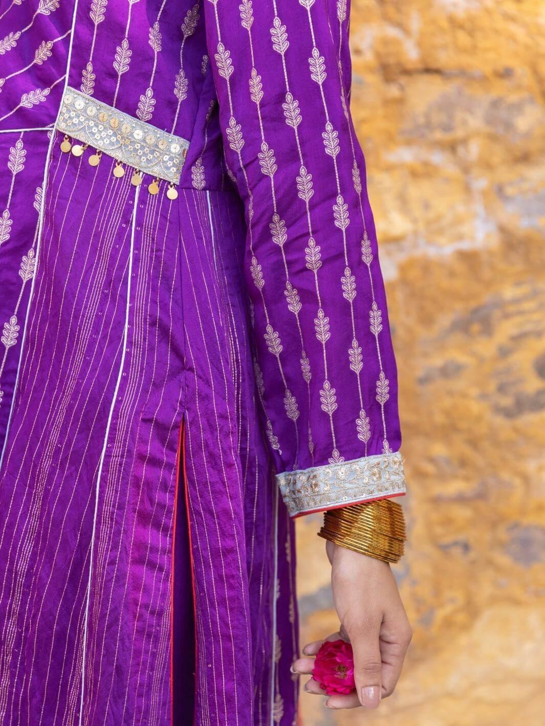 Purple Embroidered Zari A-Line Kurta Set with Organza Dupatta - Myaara